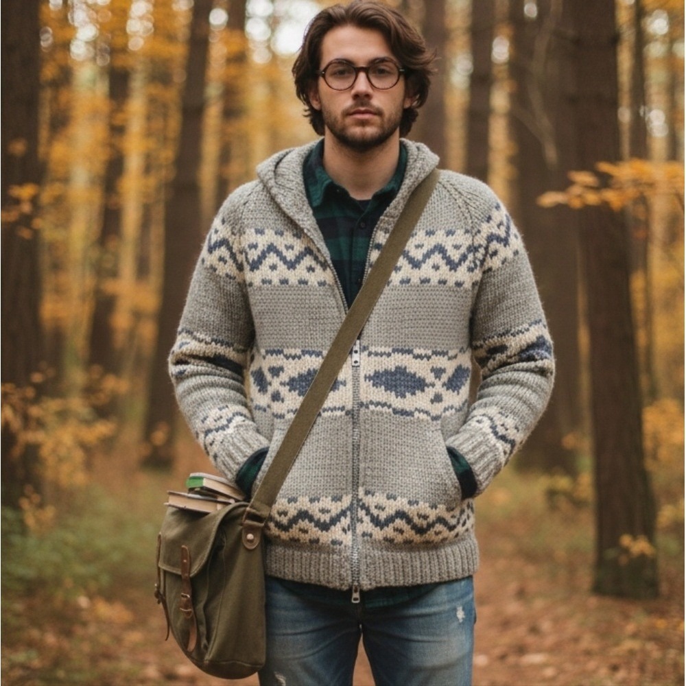 Vintage Wool Hand Knit Cowichan Style Sweater YKK Zippered Cardigan Fair Isle L